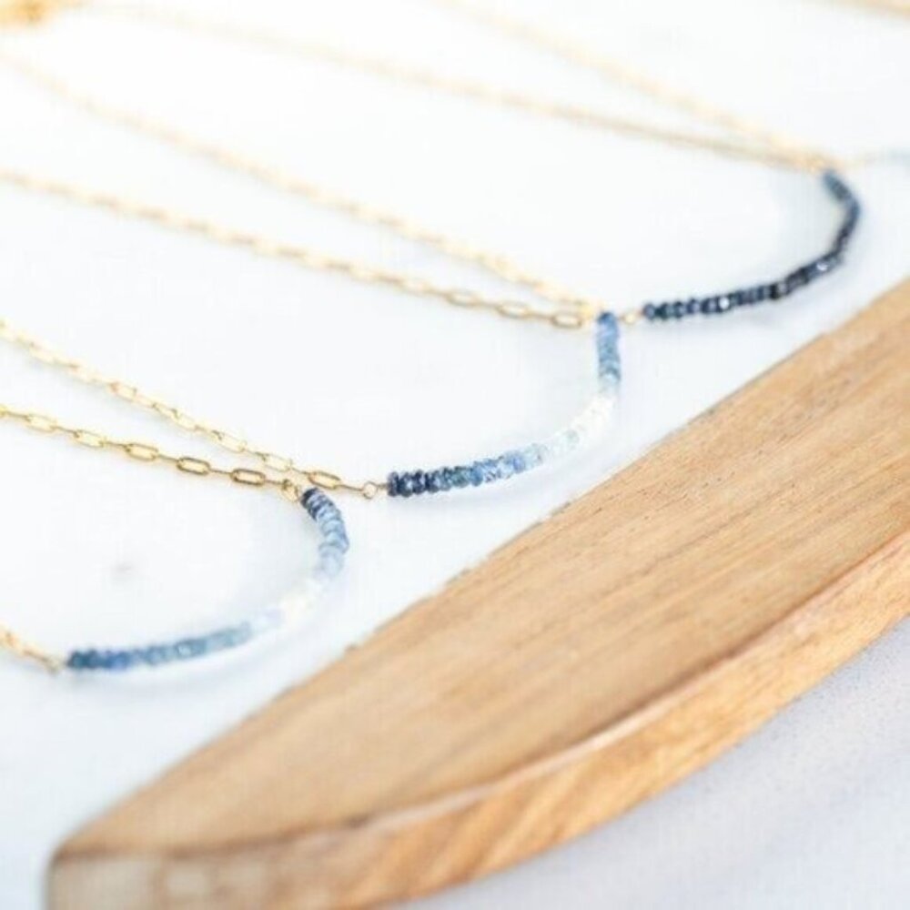 Blue Sapphire Necklace Ombre Sapphire Beaded Necklace Non-tarnish Gold Necklace